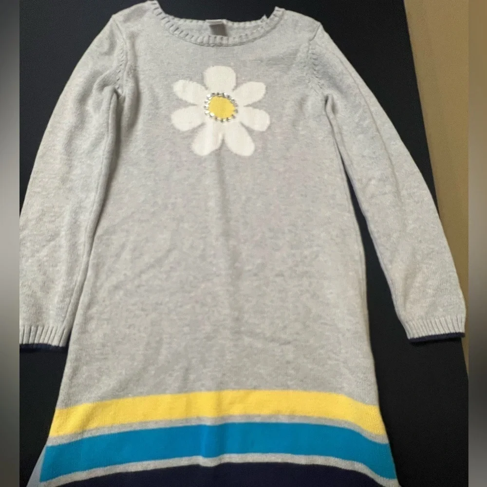 GYMBOREE GRAY SWEATER DRESS WITH YELLOW/TURQUOISE & NAVY BAND AT BOTTOM SIZE 10